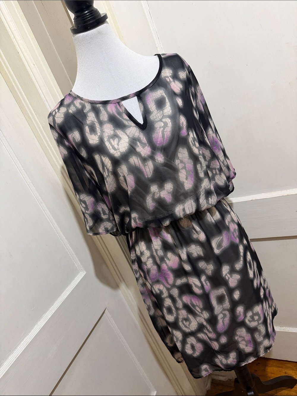 Attention Sheer Mini Dress with Pink & Cream Abstract Print and Keyhole Neckline
